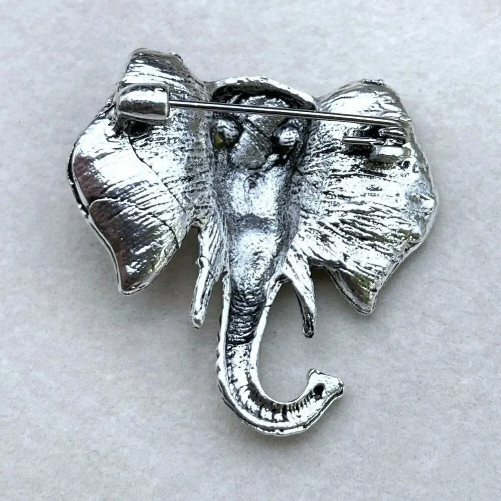 Silver with White Diamond and Black Onyx Crystal Elephant Pin Back Brooch